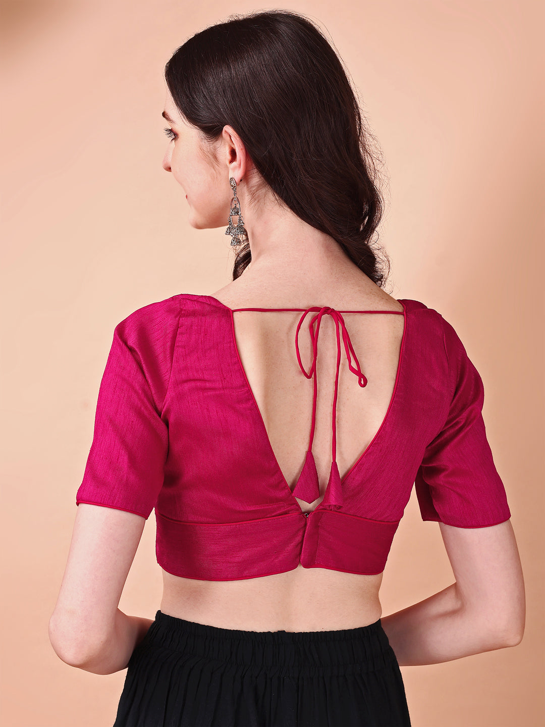 Pink colored half sleeves v neck blouse