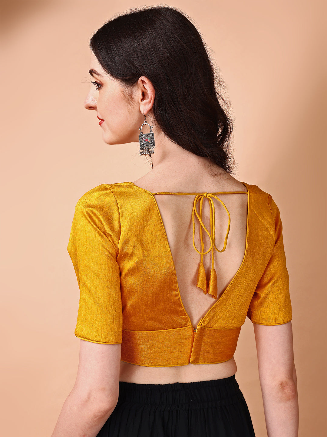 Mustard colored half sleeves v neck blouse