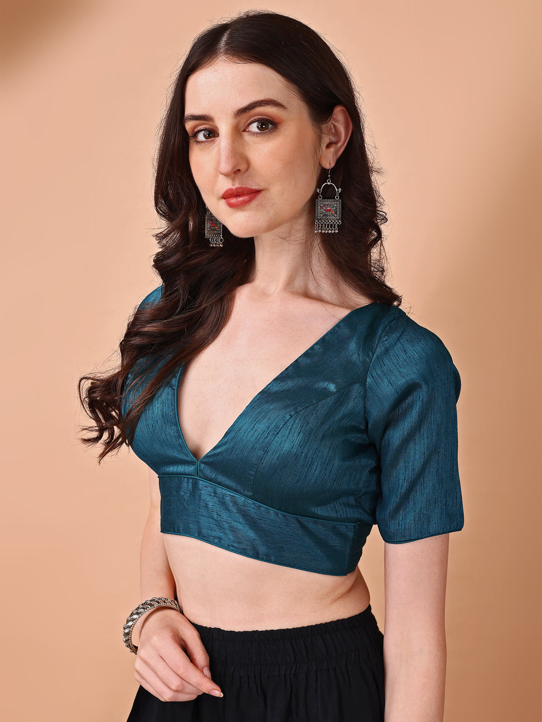 Teal colored half sleeves v neck blouse