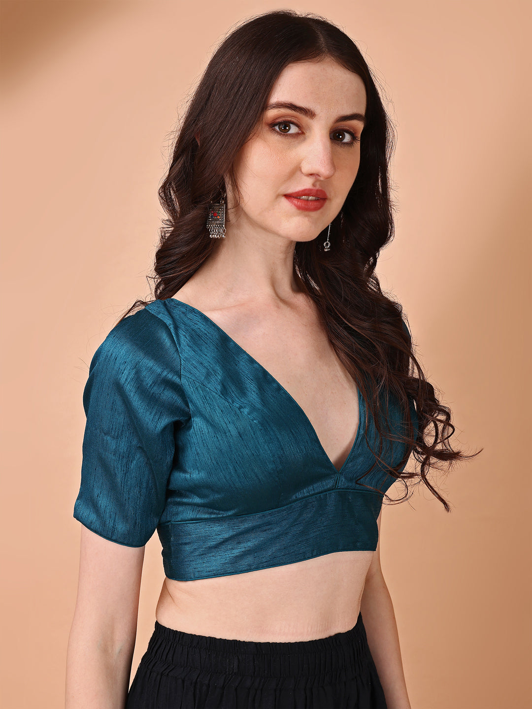 Teal colored half sleeves v neck blouse