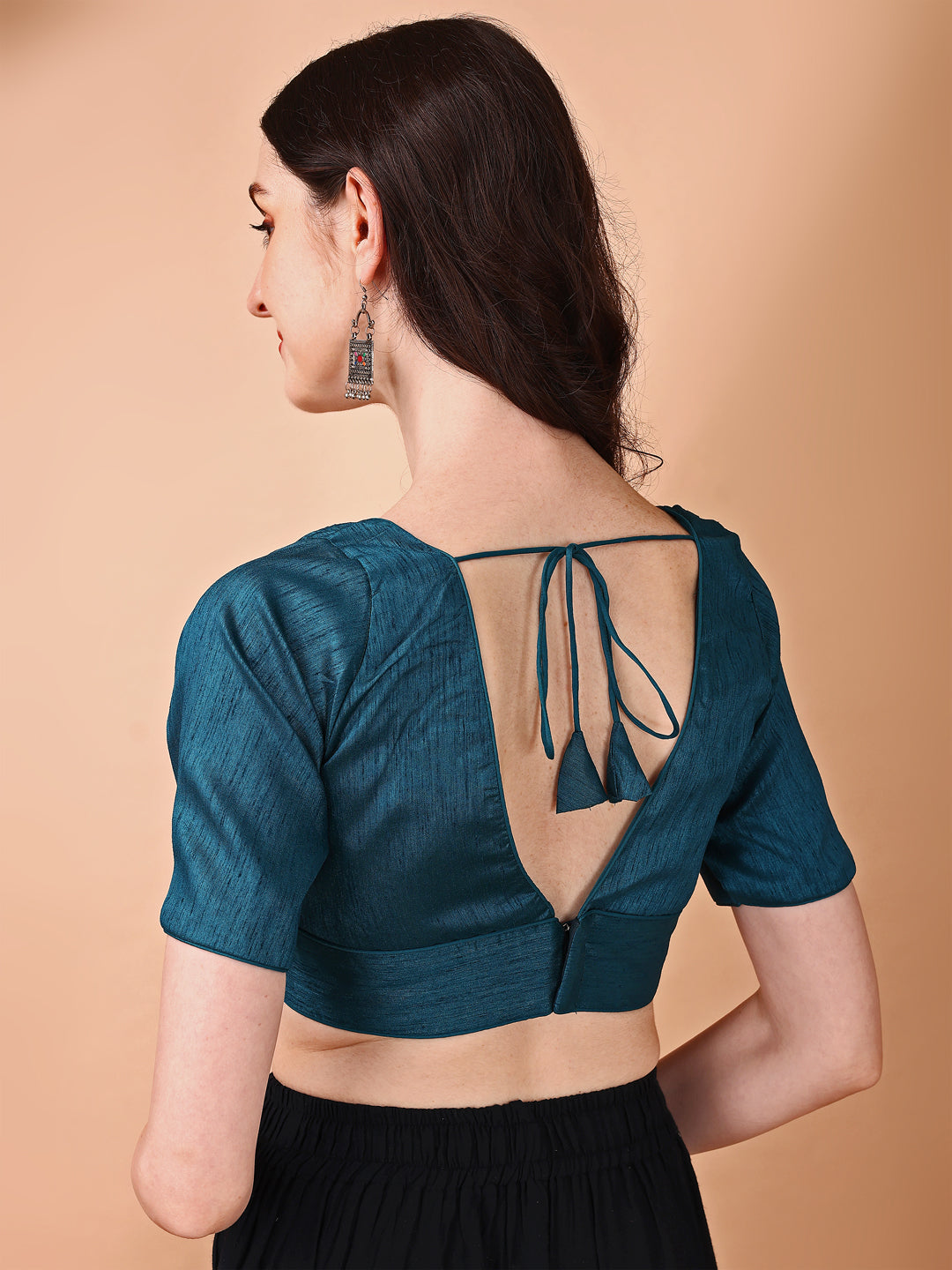 Teal colored half sleeves v neck blouse