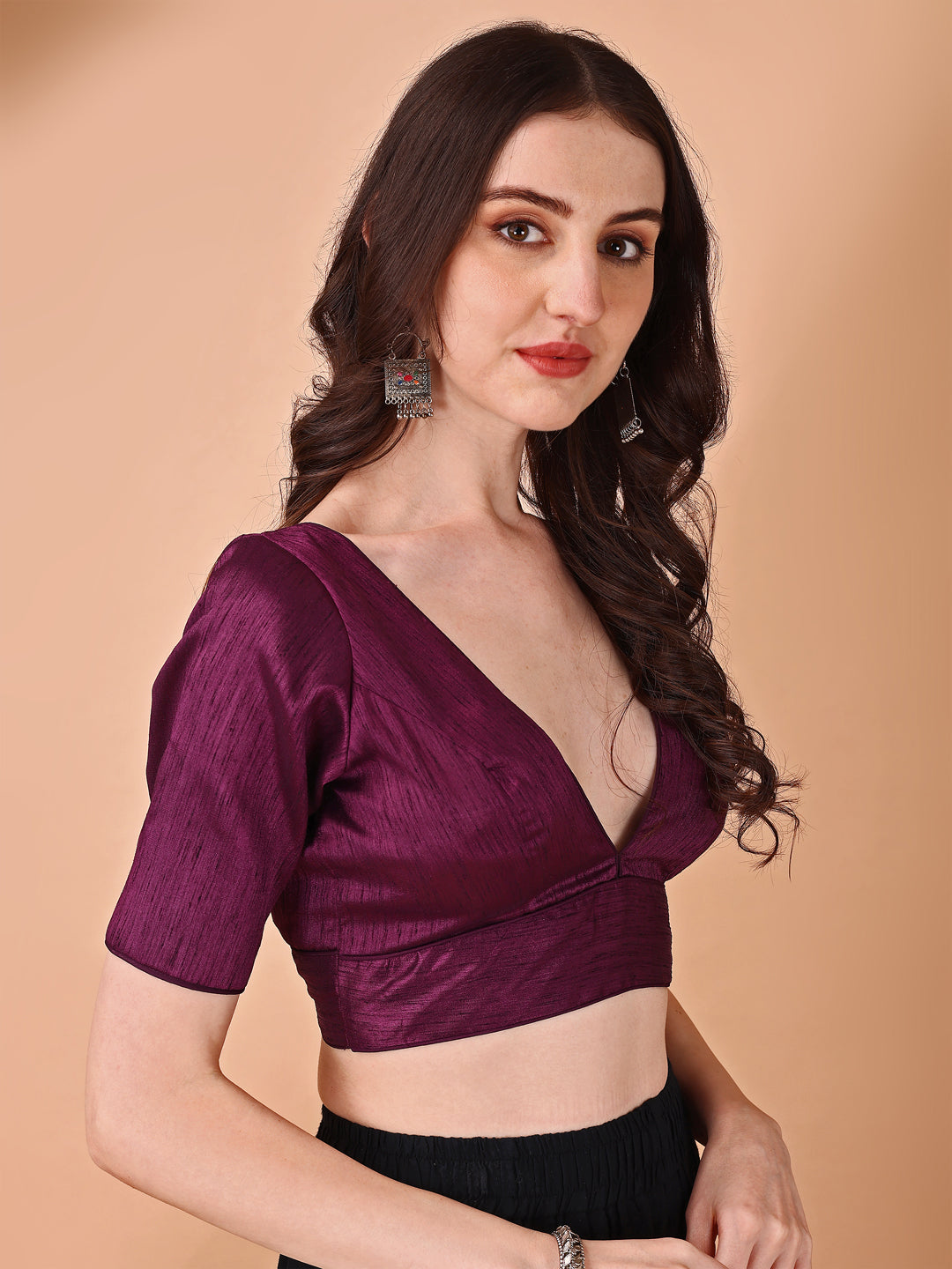 Magenta colored half sleeves v neck blouse