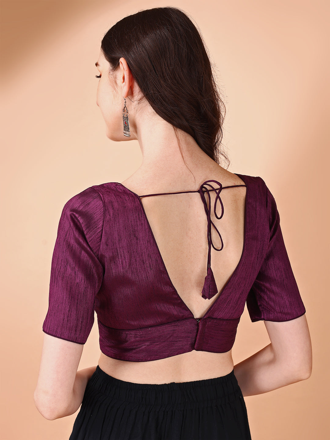 Magenta colored half sleeves v neck blouse