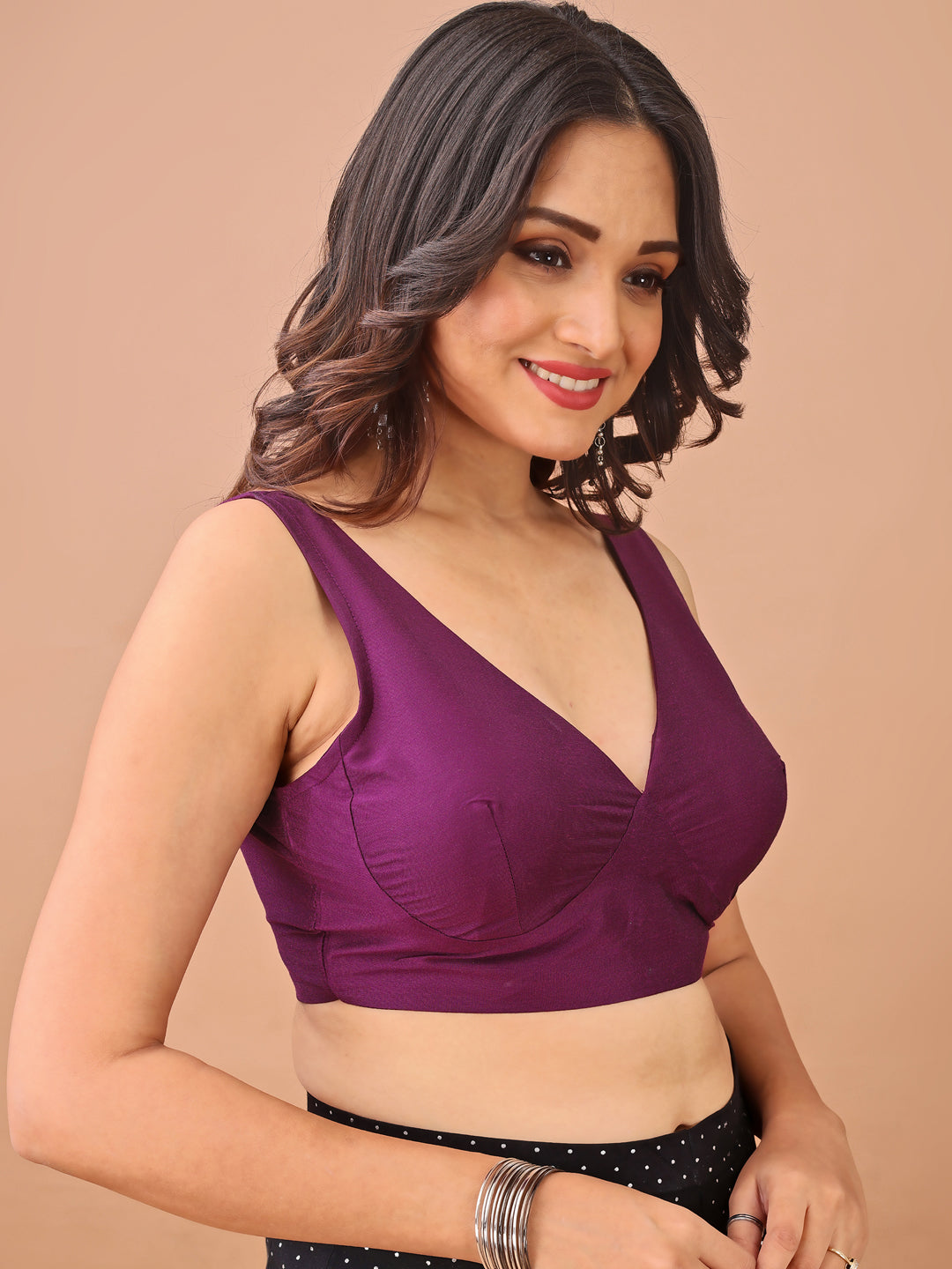 Purple colour tafetta sleeveless blouse