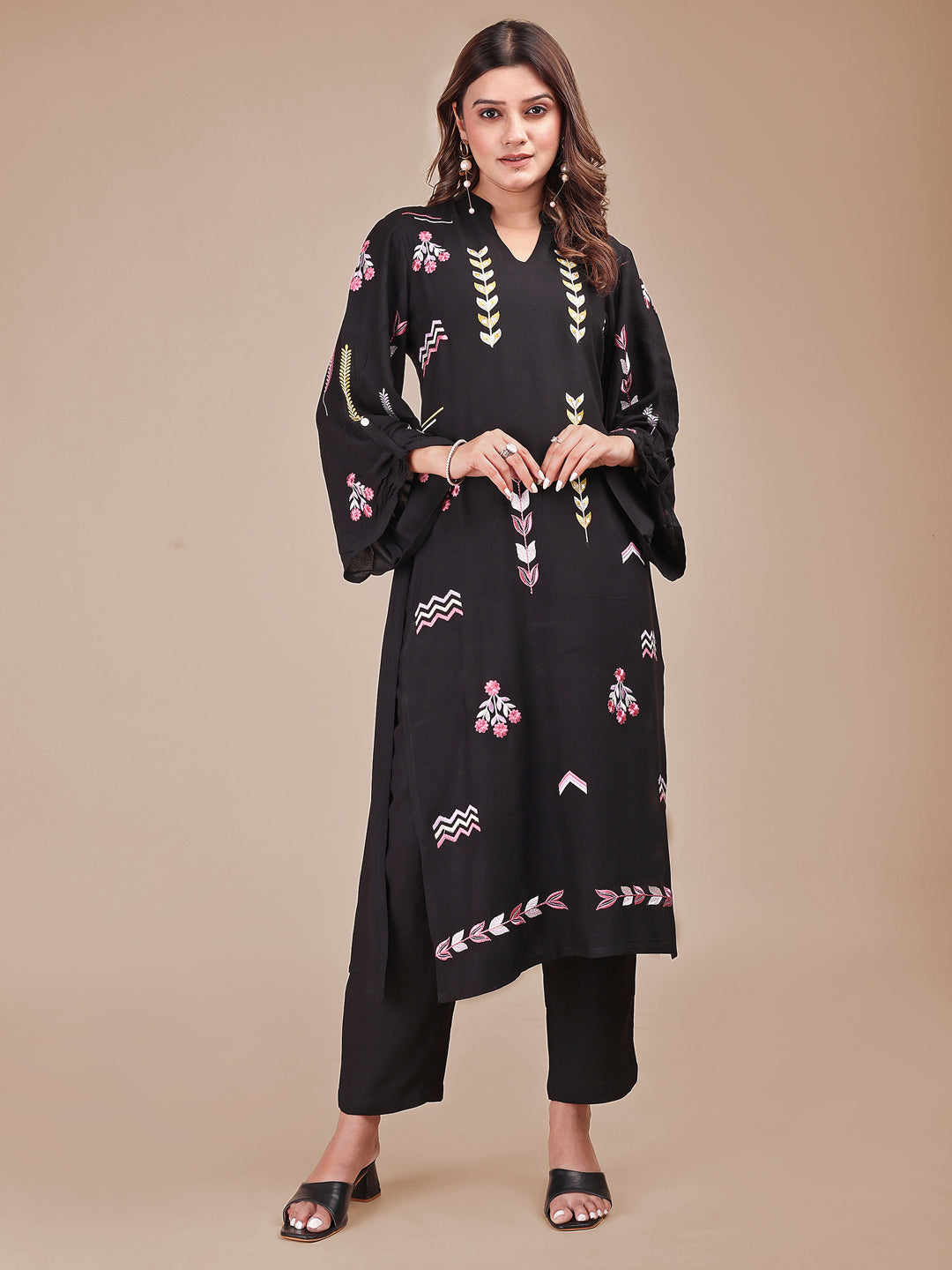 Black Multi Stylized Rayon Embroidered Co-ord Set
