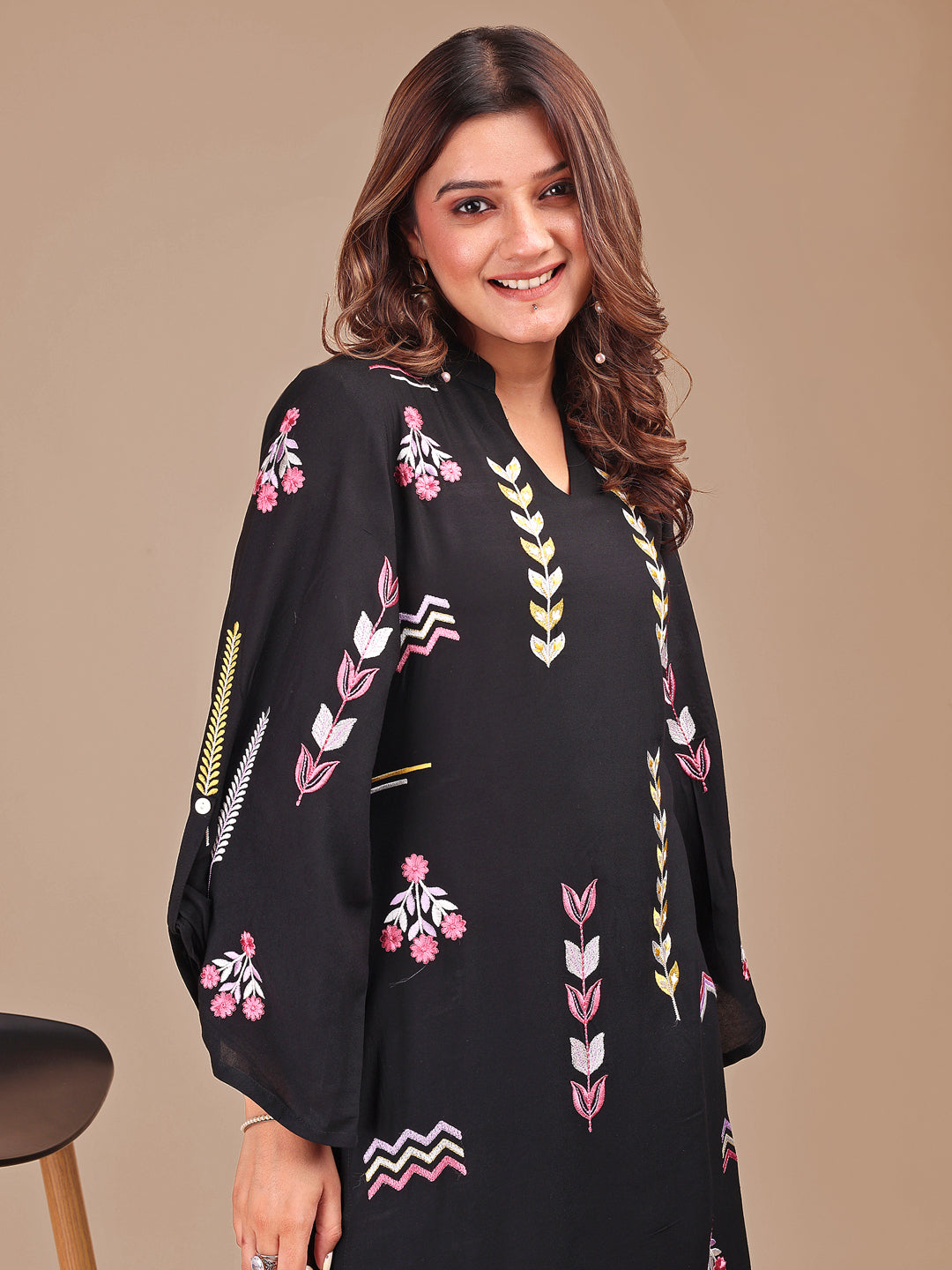 Black Multi Stylized Rayon Embroidered Co-ord Set