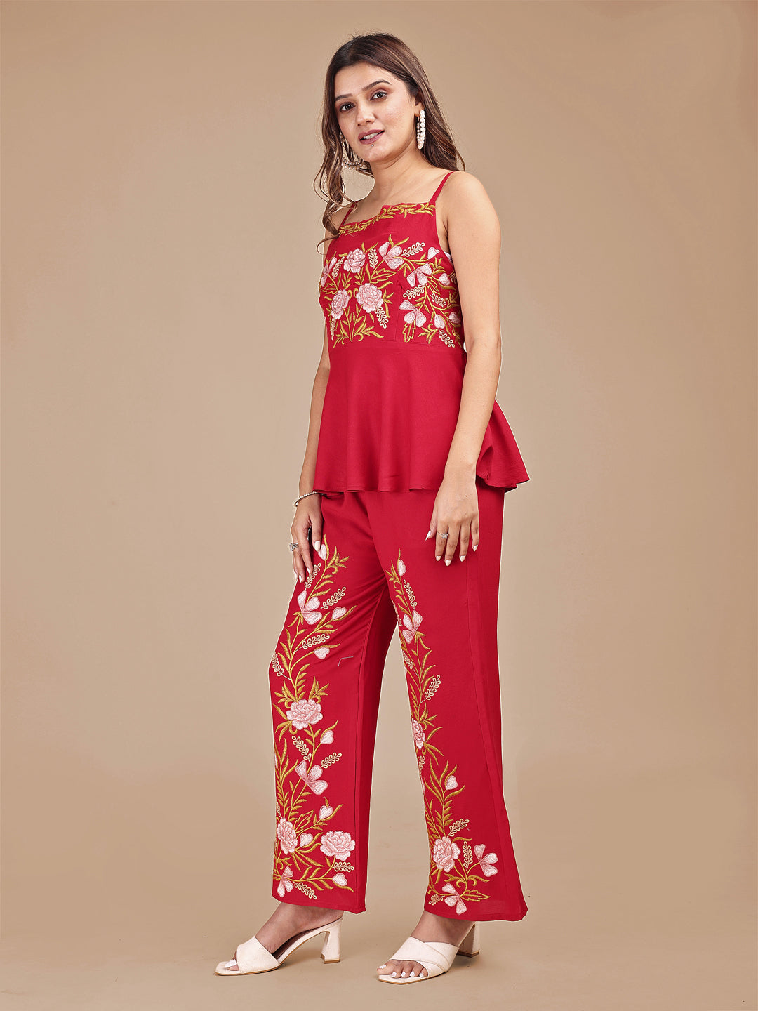 Red Colored Contrast Embroidered Stylized Sleeveless Rayon Co-ord Set