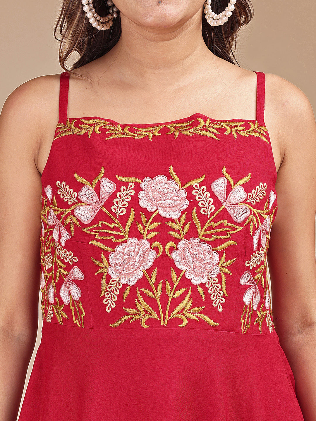 Red Colored Contrast Embroidered Stylized Sleeveless Rayon Co-ord Set