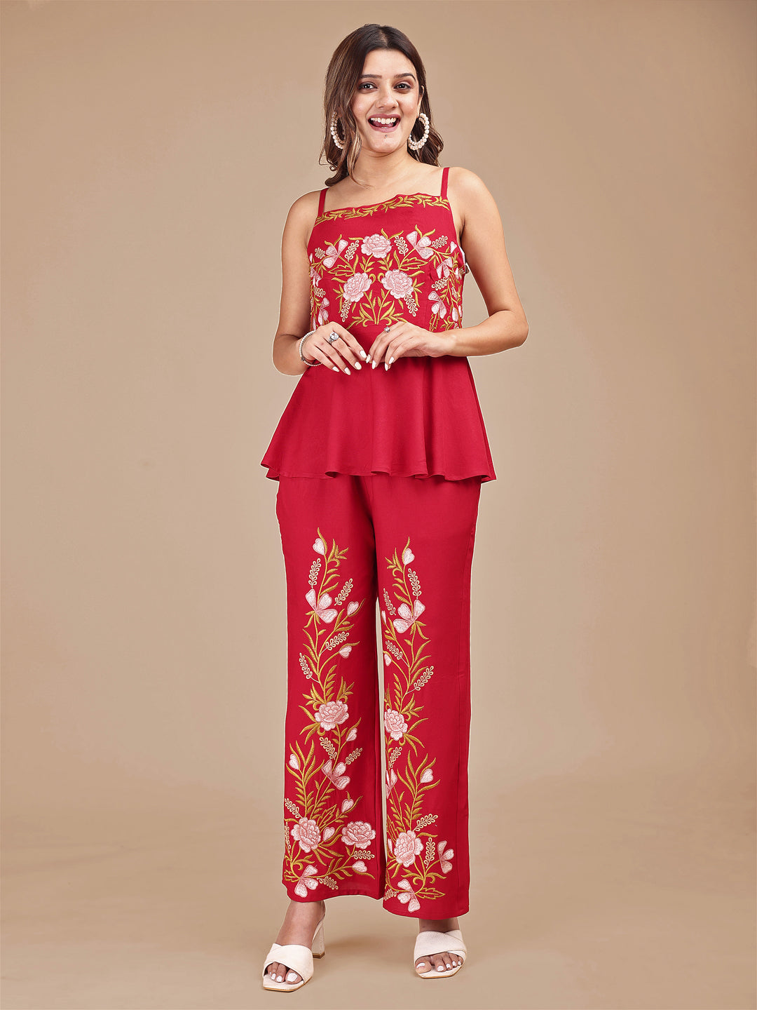 Red Colored Contrast Embroidered Stylized Sleeveless Rayon Co-ord Set