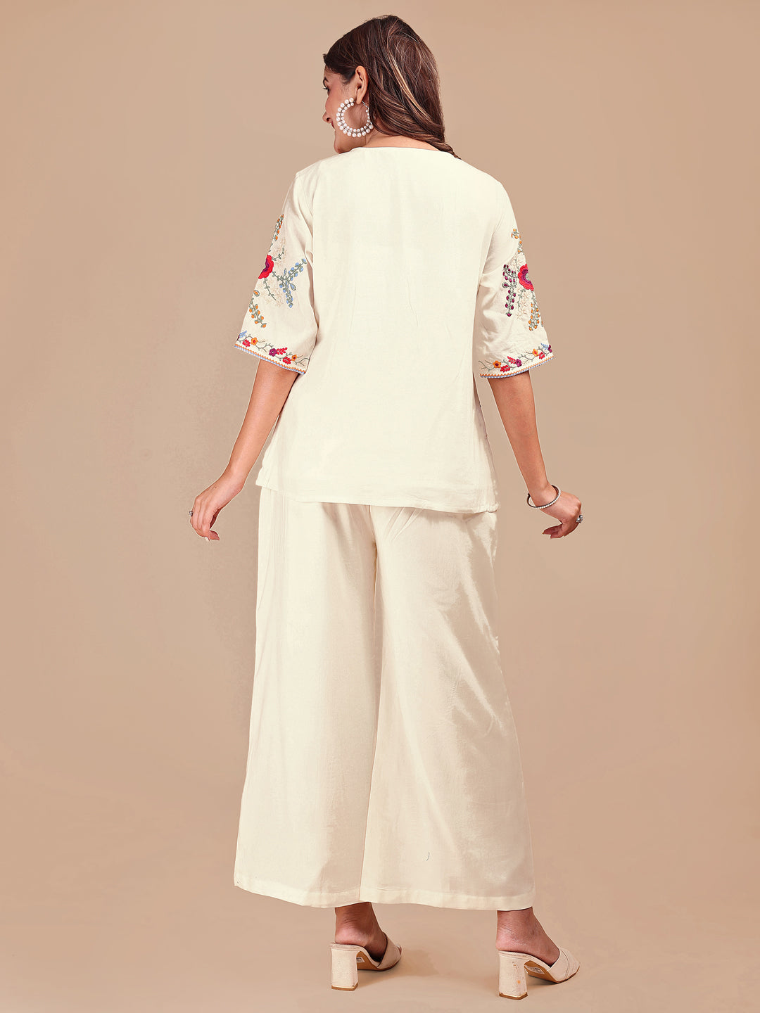 Off White Colored Chic Embroidered Rayon Tunic & Flared Pant Co-ord Set