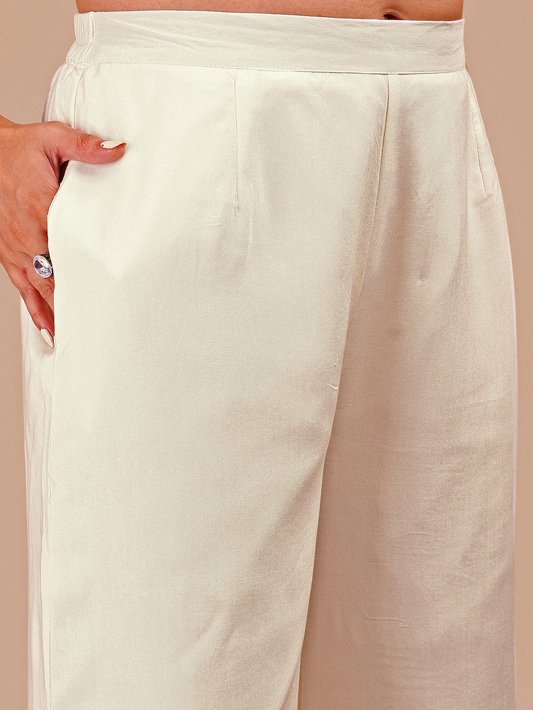 Off White Colored Chic Embroidered Rayon Tunic & Flared Pant Co-ord Set