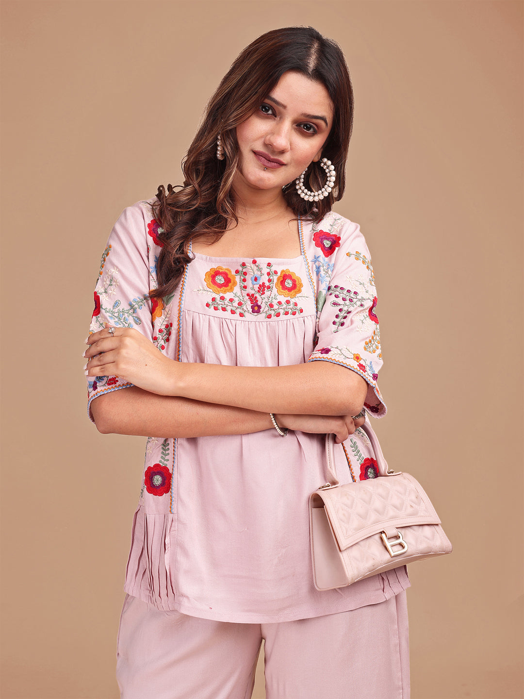 Dusty Pink Colored Chic Embroidered Rayon Tunic & Flared Pant Co-ord Set