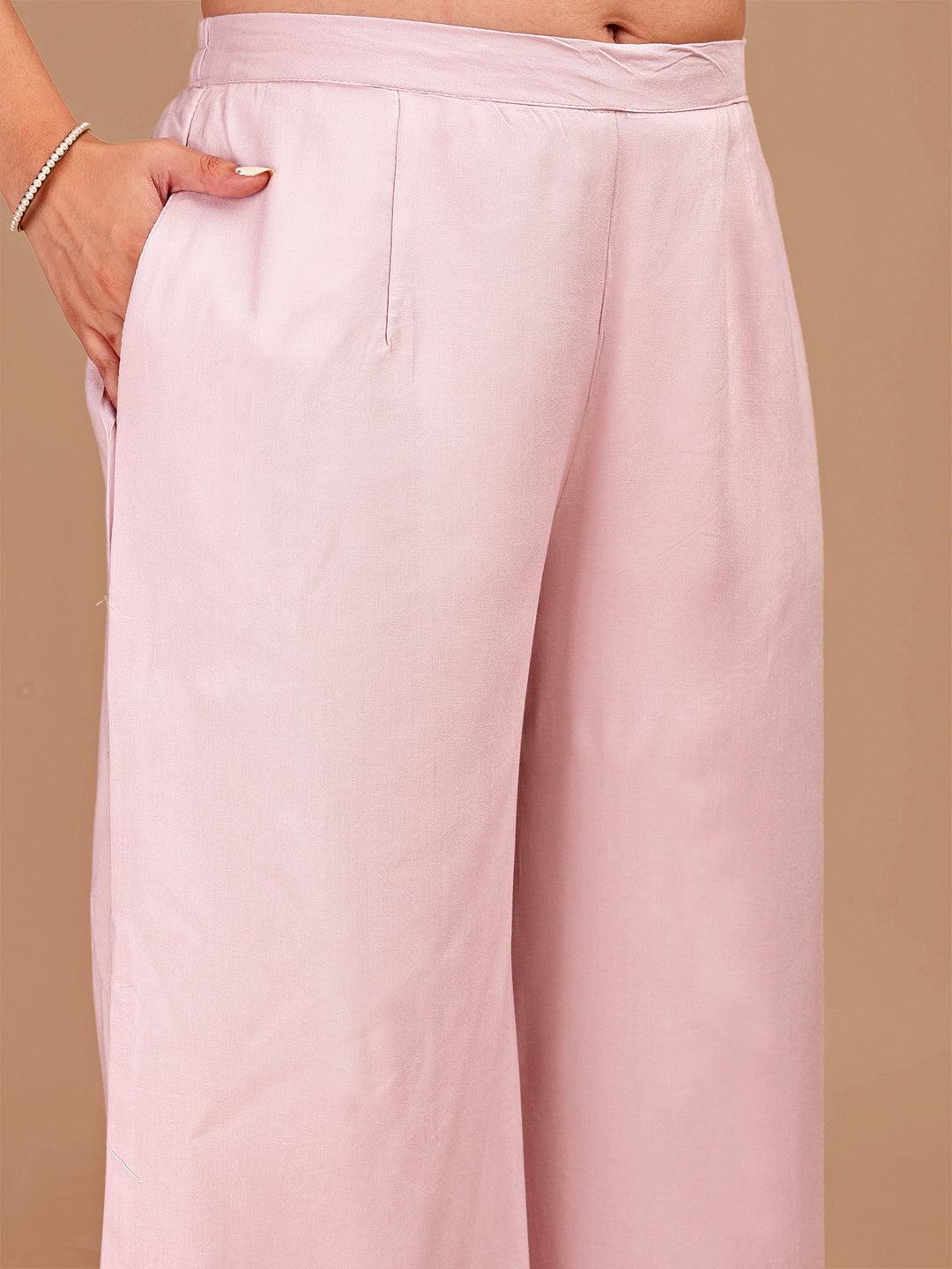 Dusty Pink Colored Chic Embroidered Rayon Tunic & Flared Pant Co-ord Set