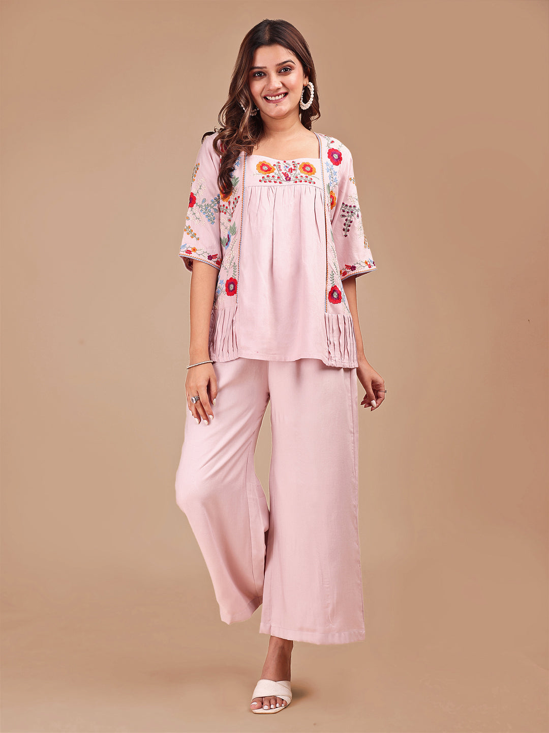 Dusty Pink Colored Chic Embroidered Rayon Tunic & Flared Pant Co-ord Set