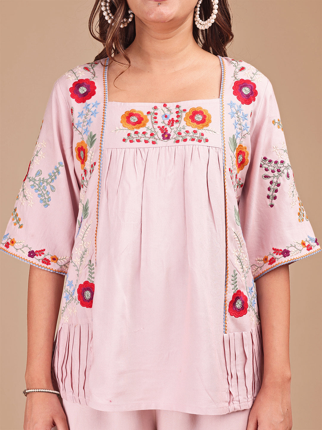Dusty Pink Colored Chic Embroidered Rayon Tunic & Flared Pant Co-ord Set