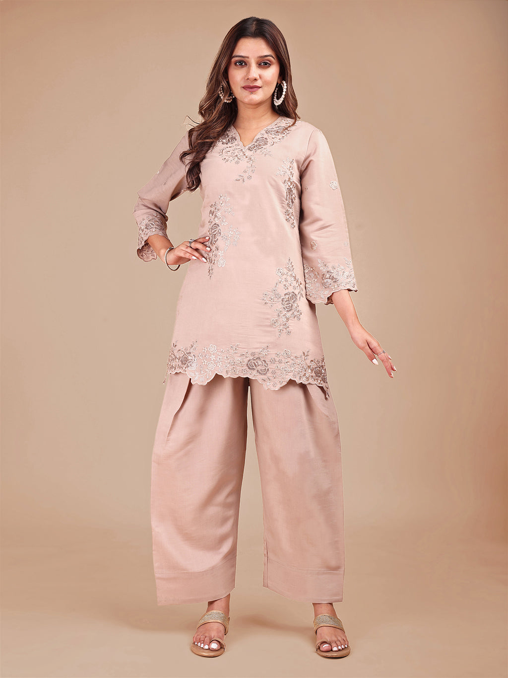 Beige Colored Embroidered Silk Blend Co-ord Set With Farshi Salwar