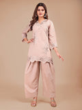 Beige Colored Embroidered Silk Blend Co-ord Set With Farshi Salwar