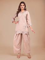 Beige Colored Embroidered Silk Blend Co-ord Set With Farshi Salwar