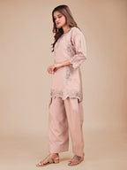 Beige Colored Embroidered Silk Blend Co-ord Set With Farshi Salwar