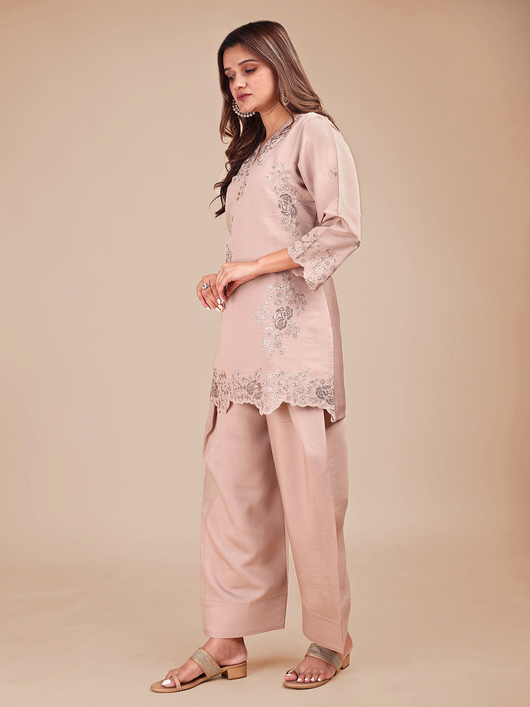 Beige Colored Embroidered Silk Blend Co-ord Set With Farshi Salwar