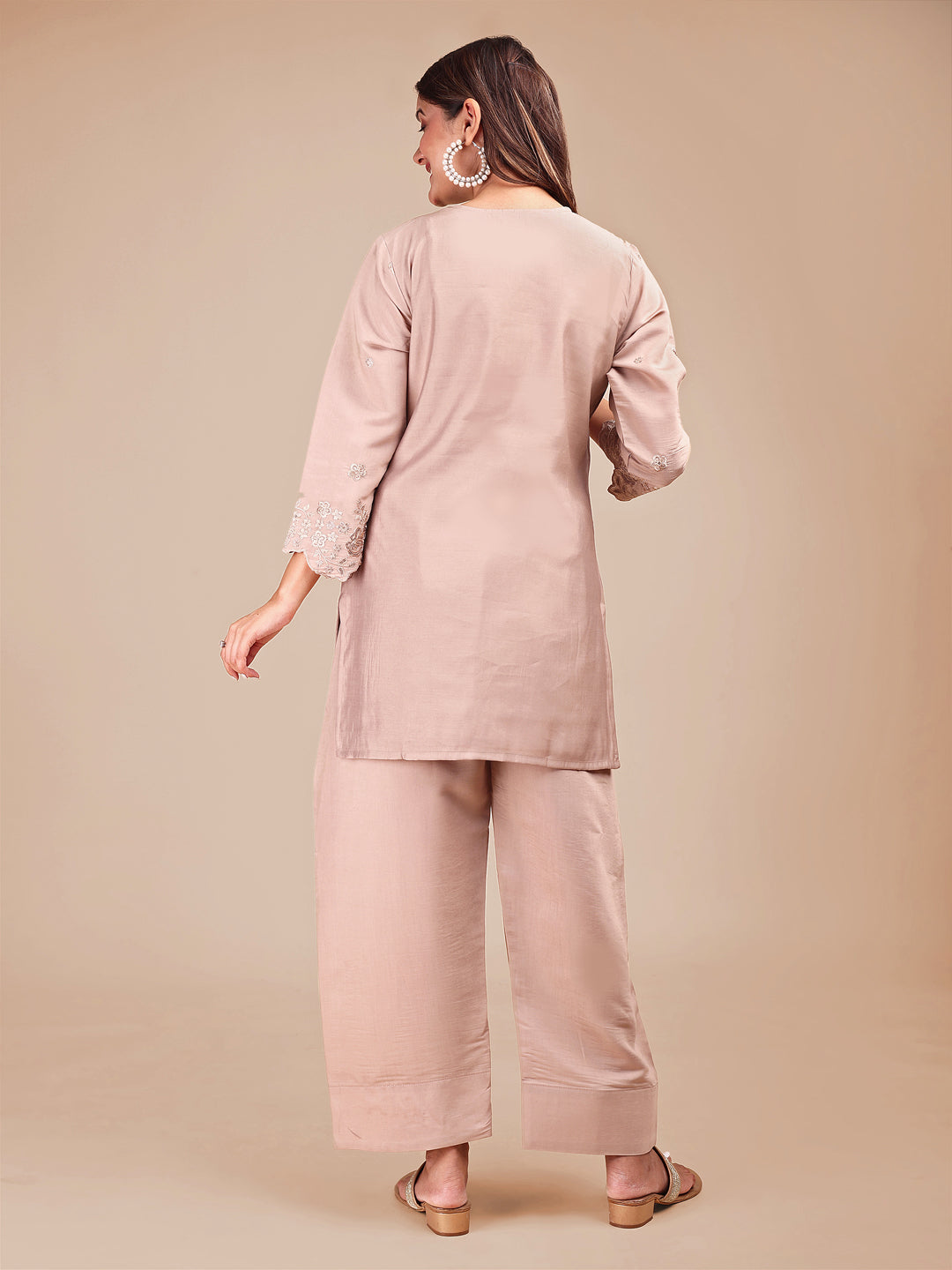 Beige Colored Embroidered Silk Blend Co-ord Set With Farshi Salwar