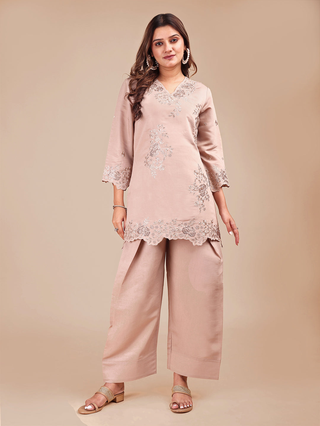 Beige Colored Embroidered Silk Blend Co-ord Set With Farshi Salwar