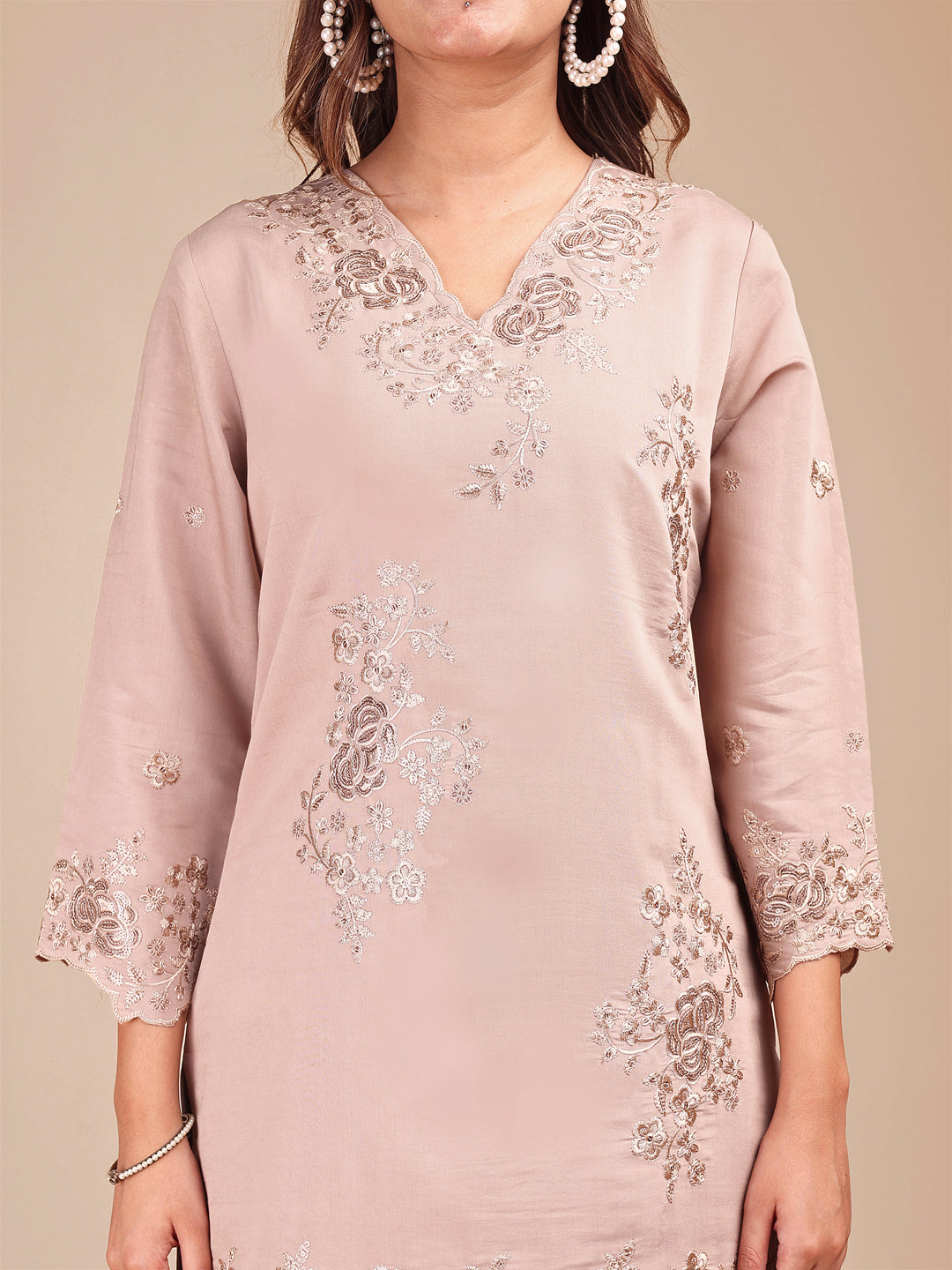 Beige Colored Embroidered Silk Blend Co-ord Set With Farshi Salwar