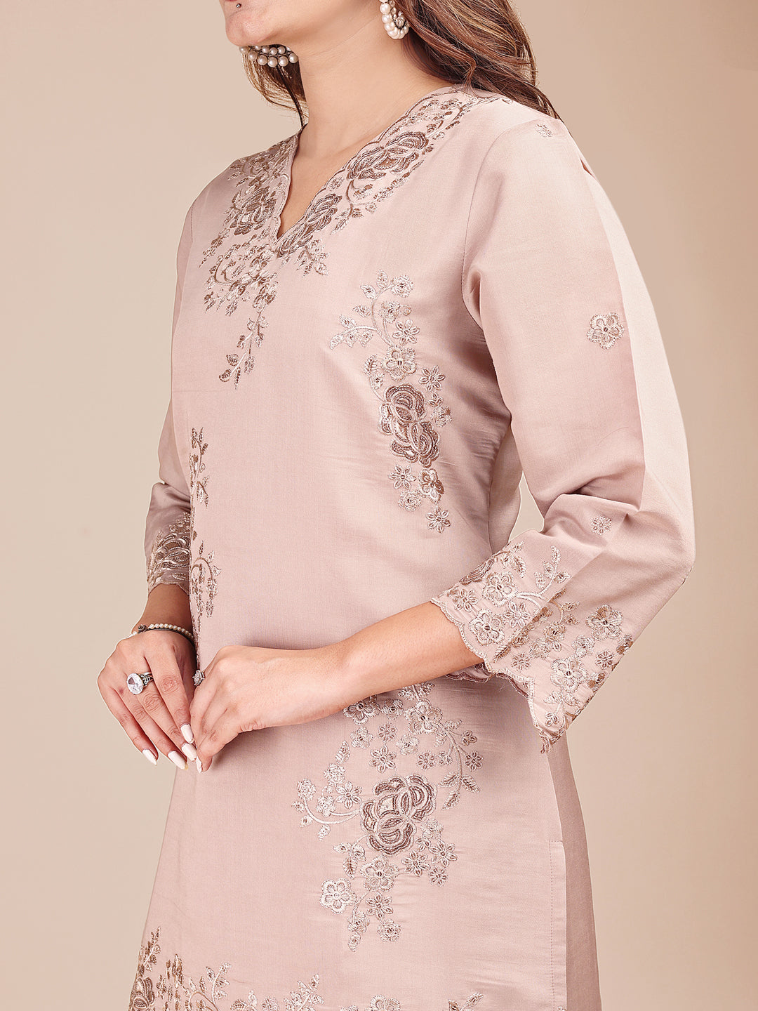 Beige Colored Embroidered Silk Blend Co-ord Set With Farshi Salwar