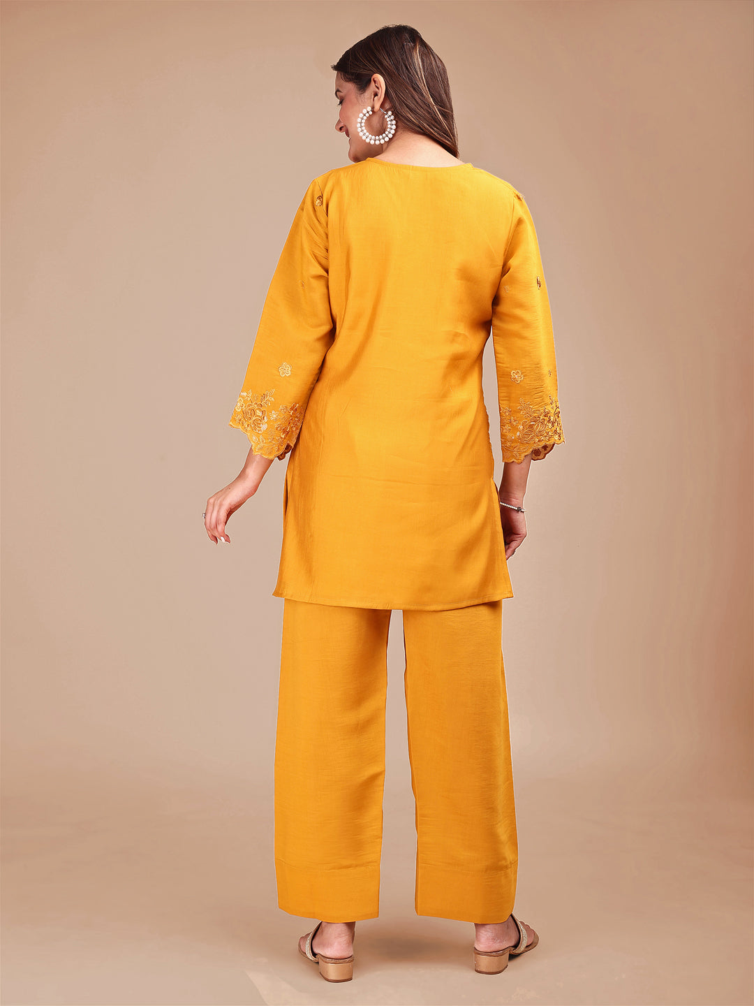 Haldi Colored Embroidered Silk Blend Co-ord Set With Farshi Salwar