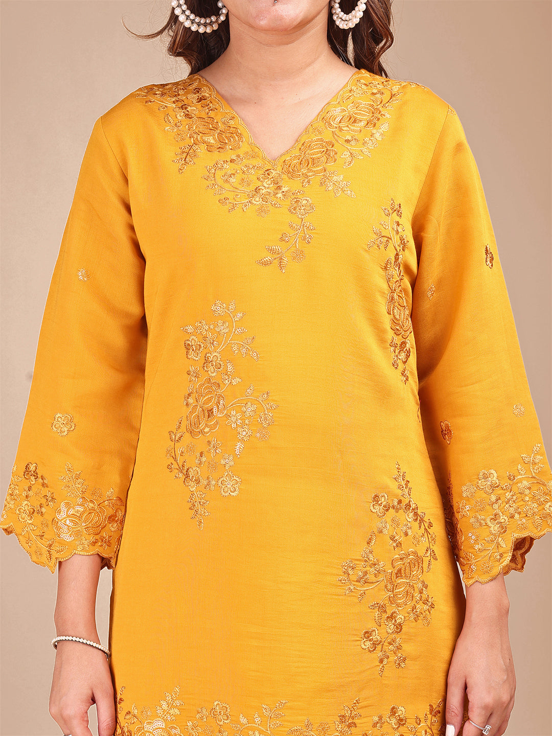 Haldi Colored Embroidered Silk Blend Co-ord Set With Farshi Salwar