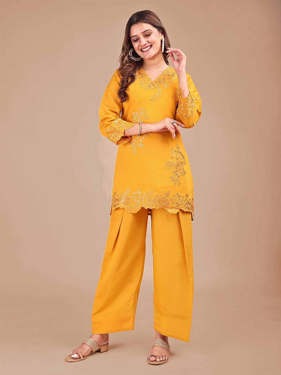Haldi Colored Embroidered Silk Blend Co-ord Set With Farshi Salwar