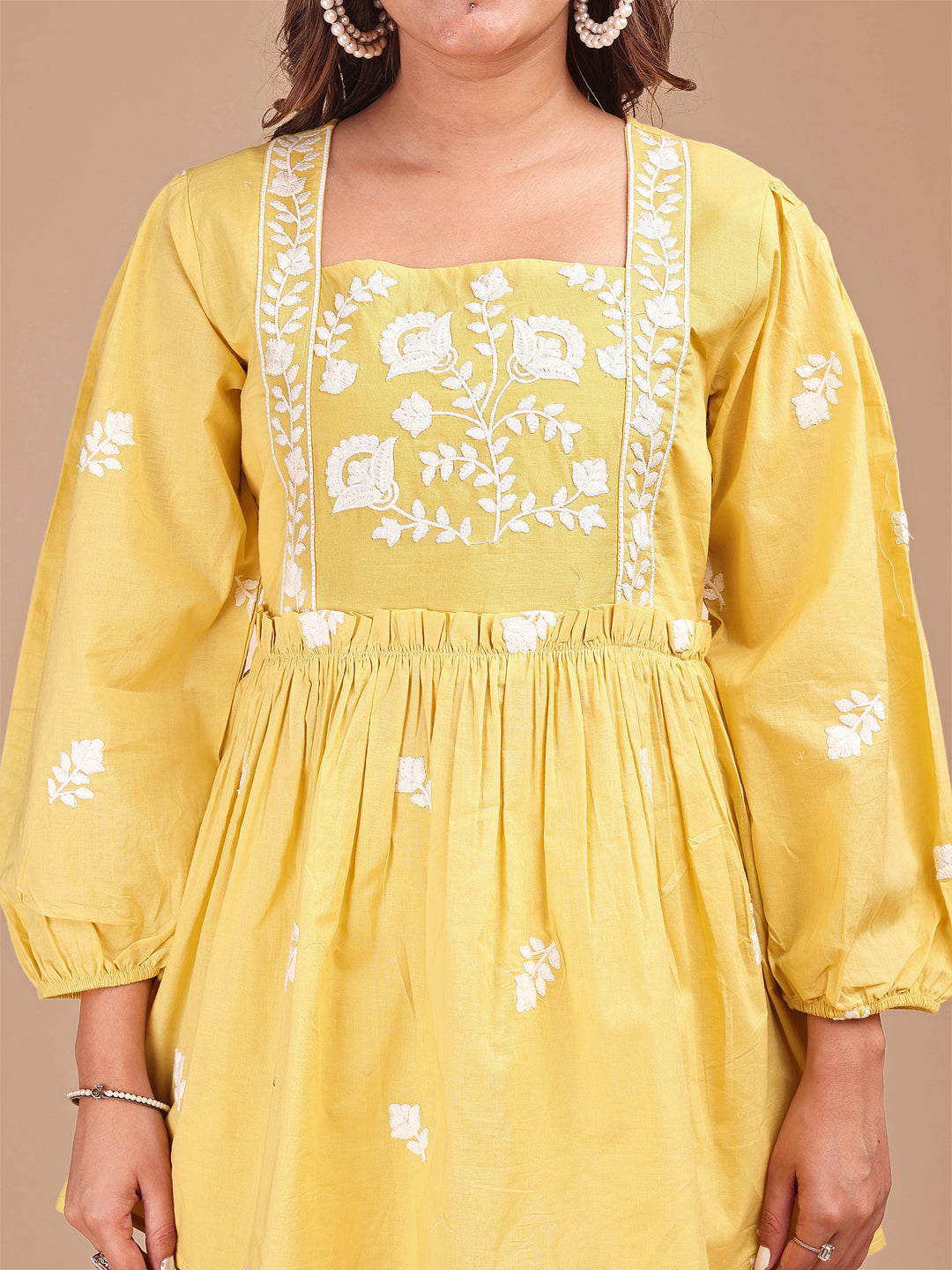 Lemon Colored Chikankari Embroidered Cotton Stylized Co-ord Set