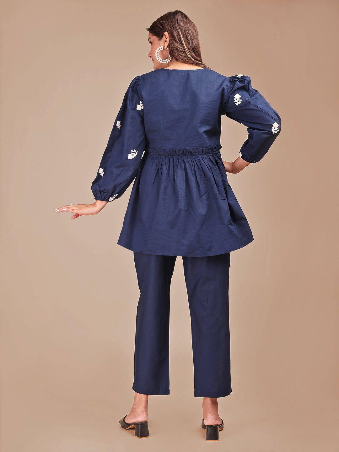 Navy Blue Colored Chikankari Embroidered Cotton Stylized Co-ord Set