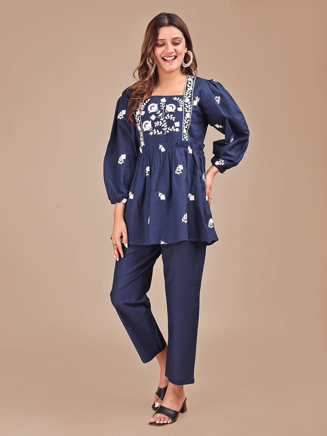 Navy Blue Colored Chikankari Embroidered Cotton Stylized Co-ord Set
