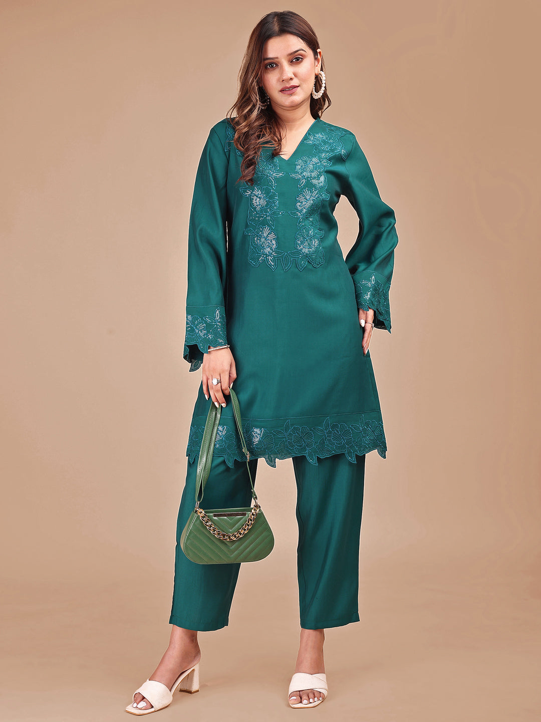 Teal Colored Tonal Embroidered Silk Blend Co-ord Set