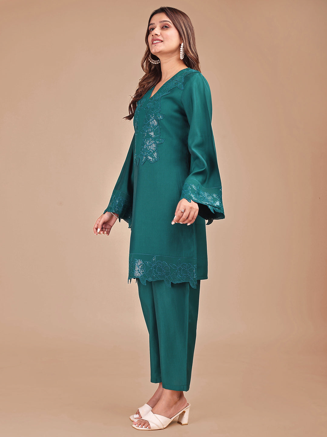 Teal Colored Tonal Embroidered Silk Blend Co-ord Set