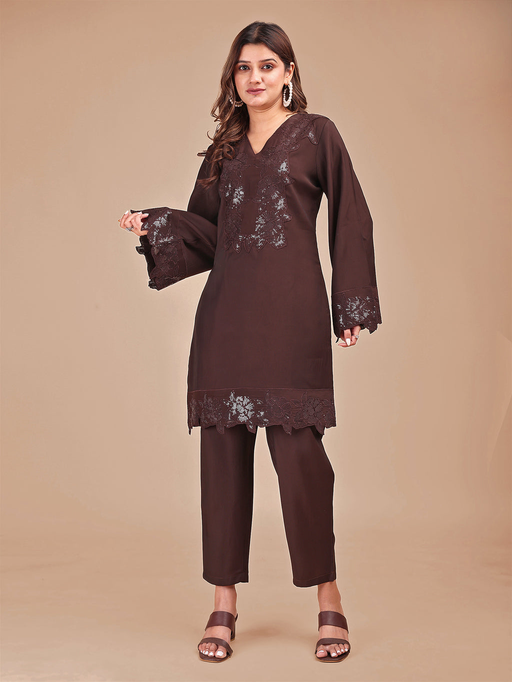 Cocoa Colored Tonal Embroidered Silk Blend Co-ord Set