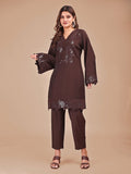 Cocoa Colored Tonal Embroidered Silk Blend Co-ord Set