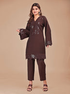 Cocoa Colored Tonal Embroidered Silk Blend Co-ord Set