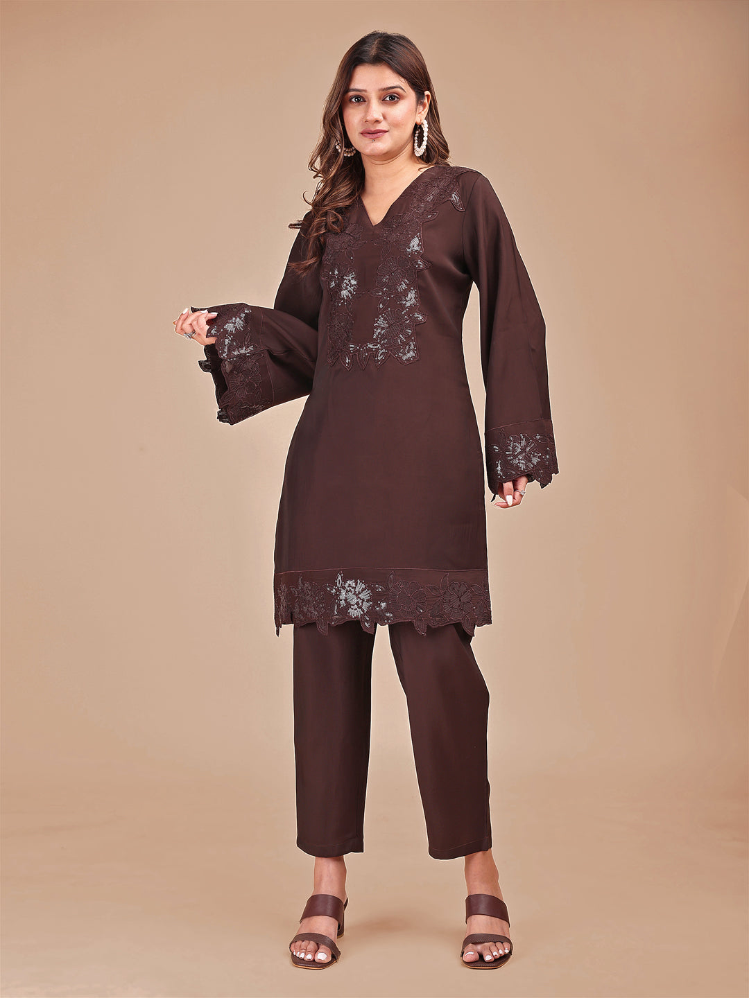 Cocoa Colored Tonal Embroidered Silk Blend Co-ord Set