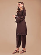 Cocoa Colored Tonal Embroidered Silk Blend Co-ord Set