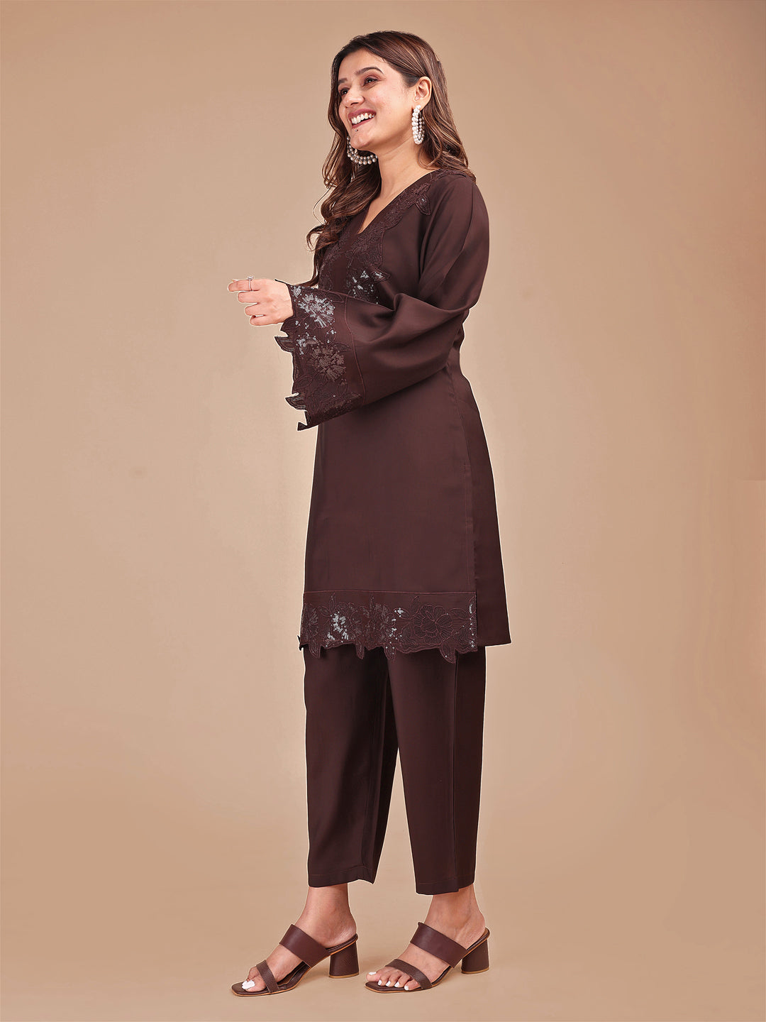 Cocoa Colored Tonal Embroidered Silk Blend Co-ord Set