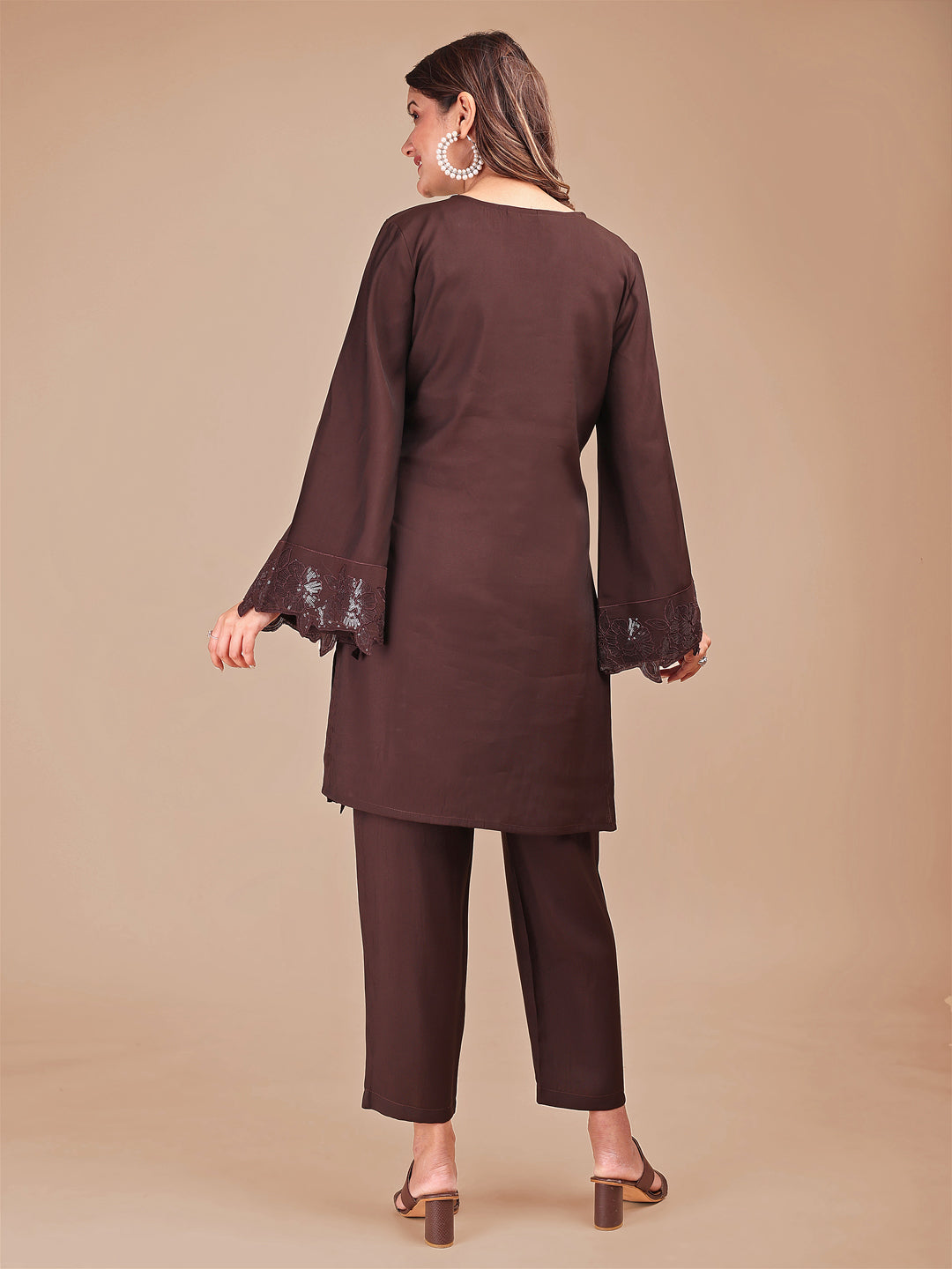 Cocoa Colored Tonal Embroidered Silk Blend Co-ord Set