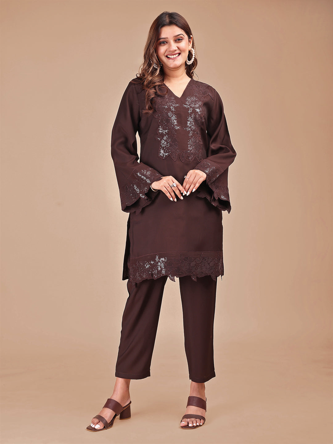 Cocoa Colored Tonal Embroidered Silk Blend Co-ord Set