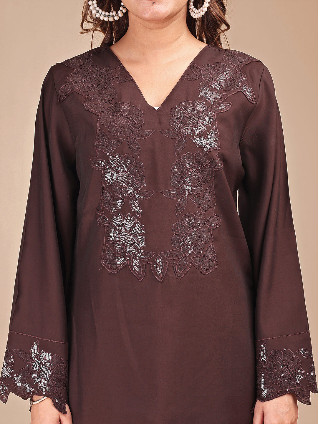 Cocoa Colored Tonal Embroidered Silk Blend Co-ord Set