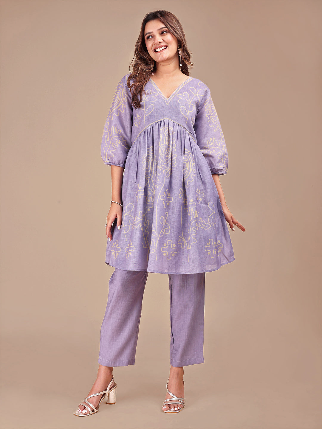 Lilac Colored Yellow Print Co-ord Set