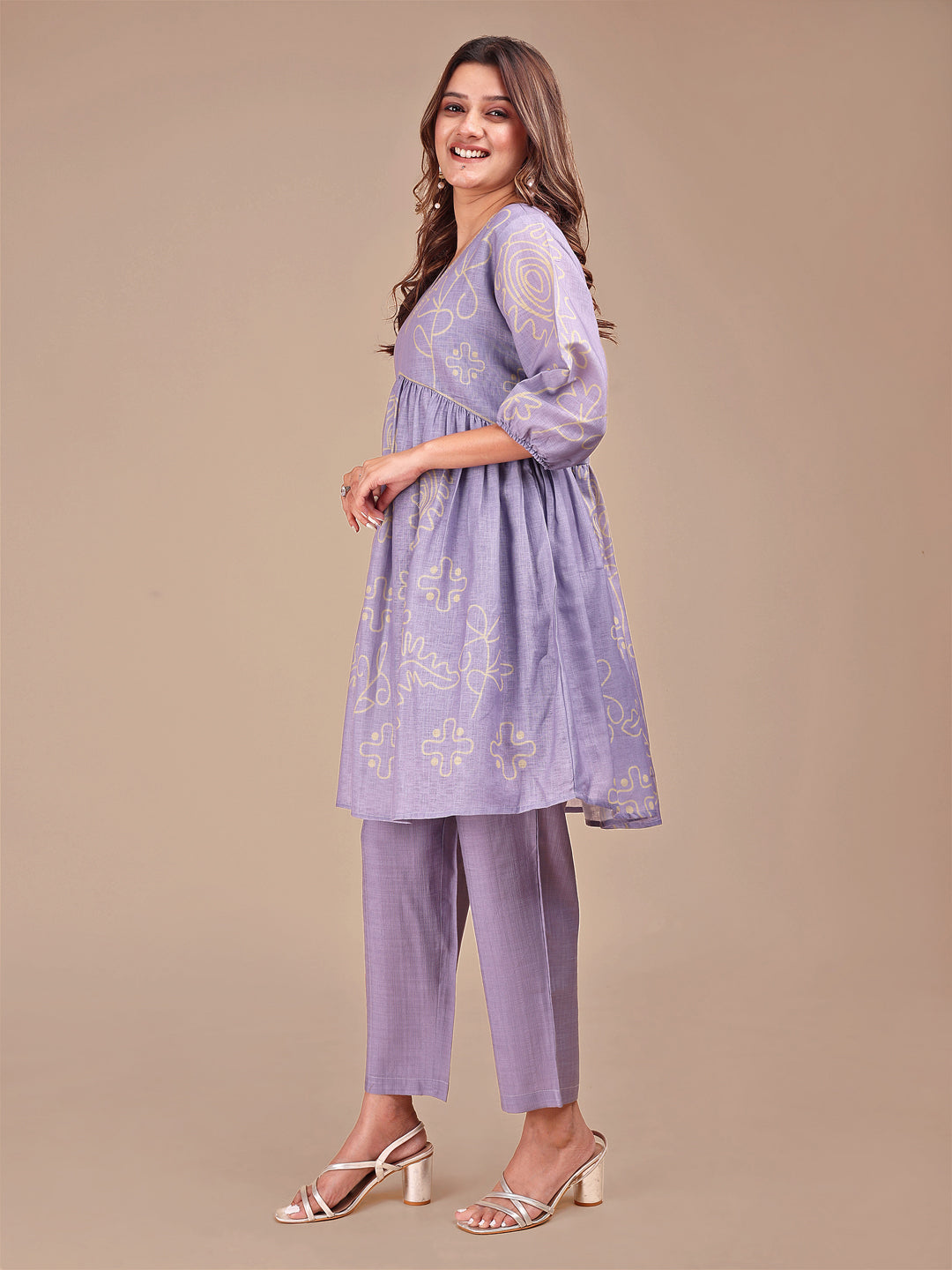 Lilac Colored Yellow Print Co-ord Set