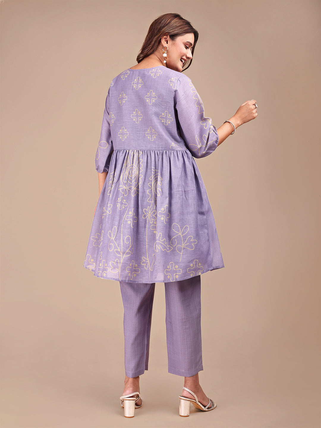 Lilac Colored Yellow Print Co-ord Set