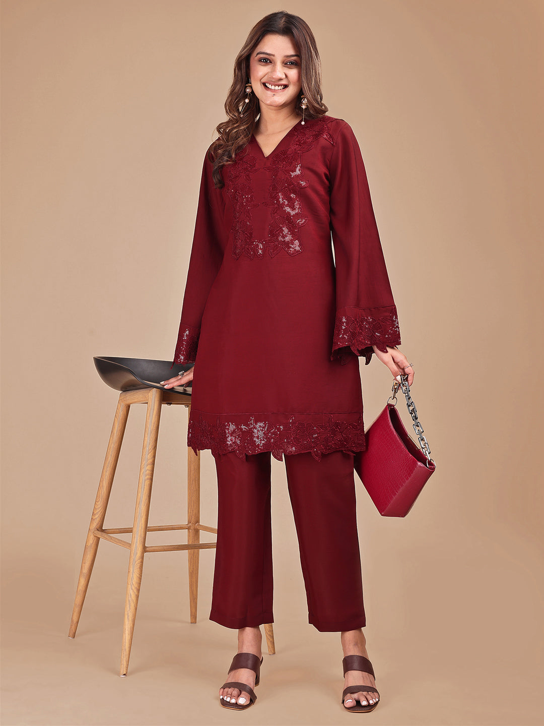 Maroon Colored Heavy Sequinns Yoke Work Silk Blend Co-ord Set