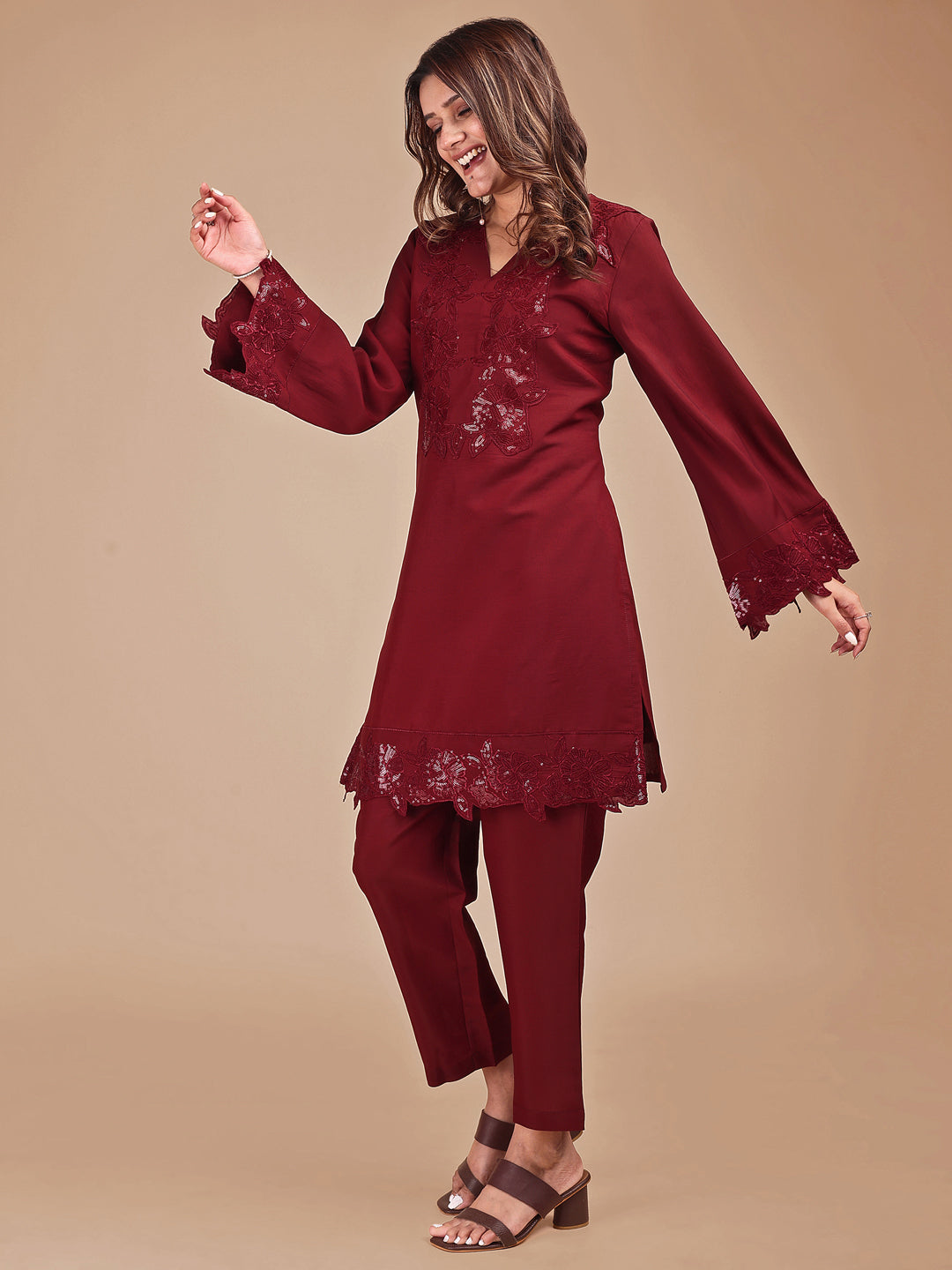Maroon Colored Heavy Sequinns Yoke Work Silk Blend Co-ord Set